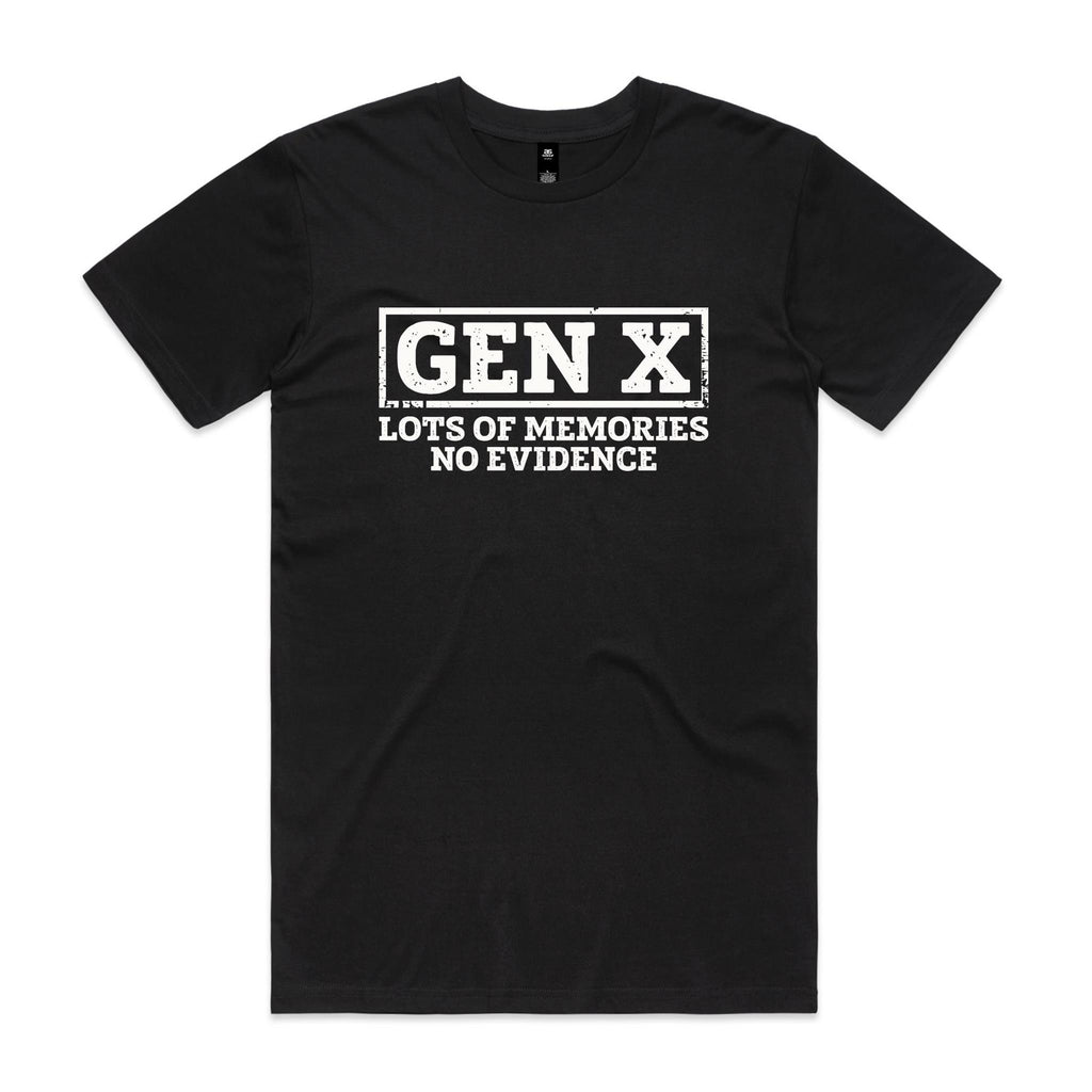 Gen X, Lots Of Memories, No Evidence Men's AS Colour T-shirt Black Mens T-shirt Printed In Australia