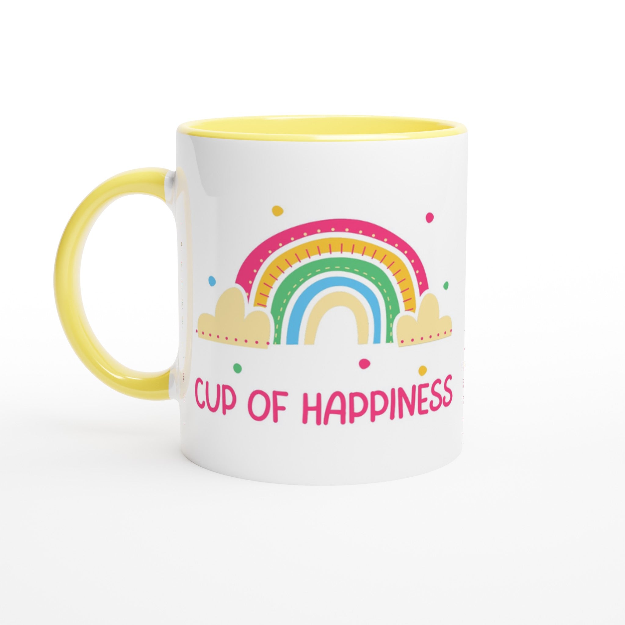 Cup Of Happiness - White 11oz Ceramic Mug with Colour Inside Ceramic Yellow Colour 11oz Mug Globally Fulfilled positivity