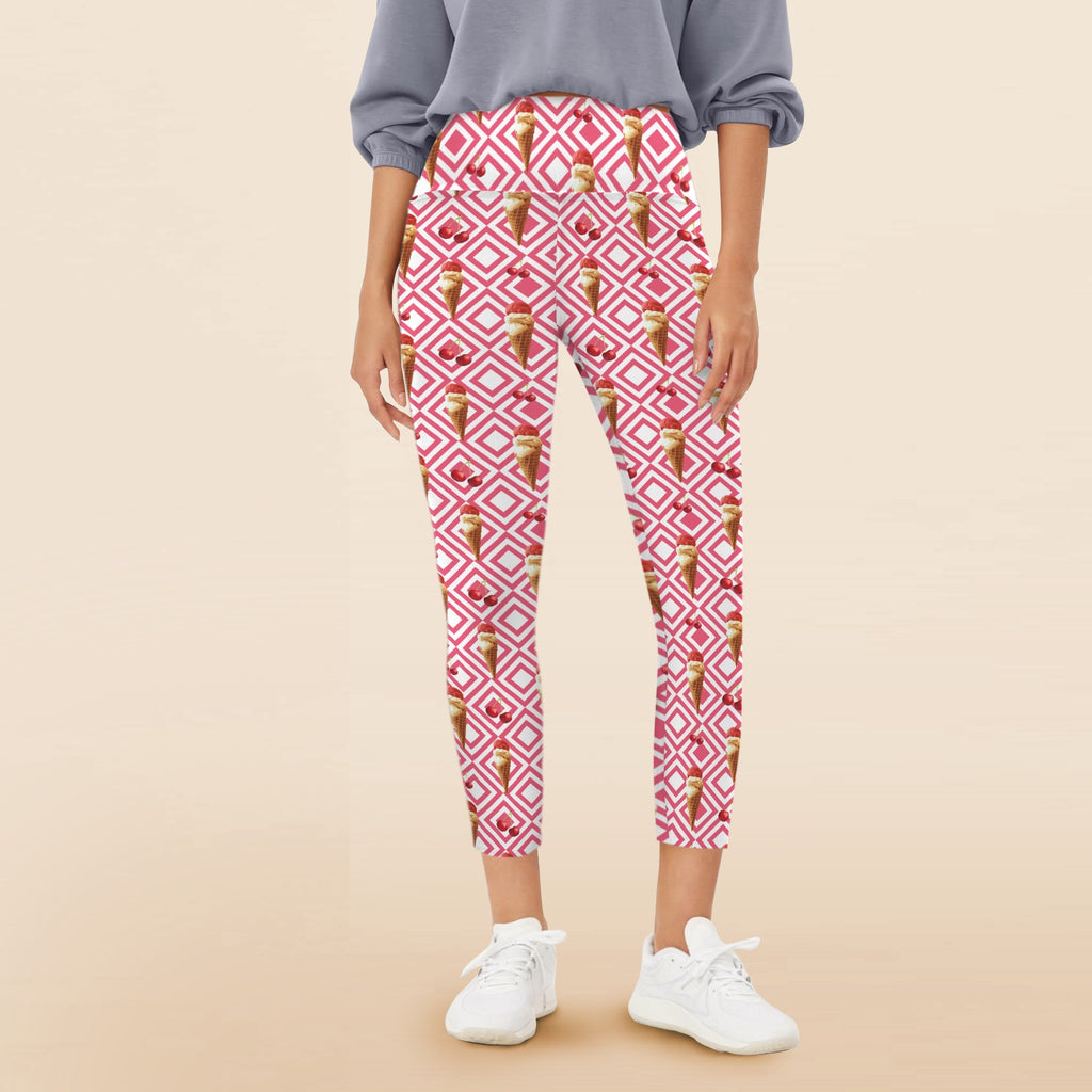 Cherry Ice-cream - Women's High Waist Pockets Yoga Leggings