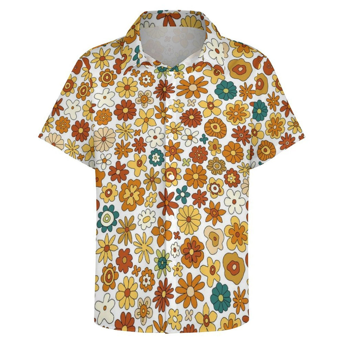 70's Style Floral Women's Collared Pocketless Short Sleeve Shirt