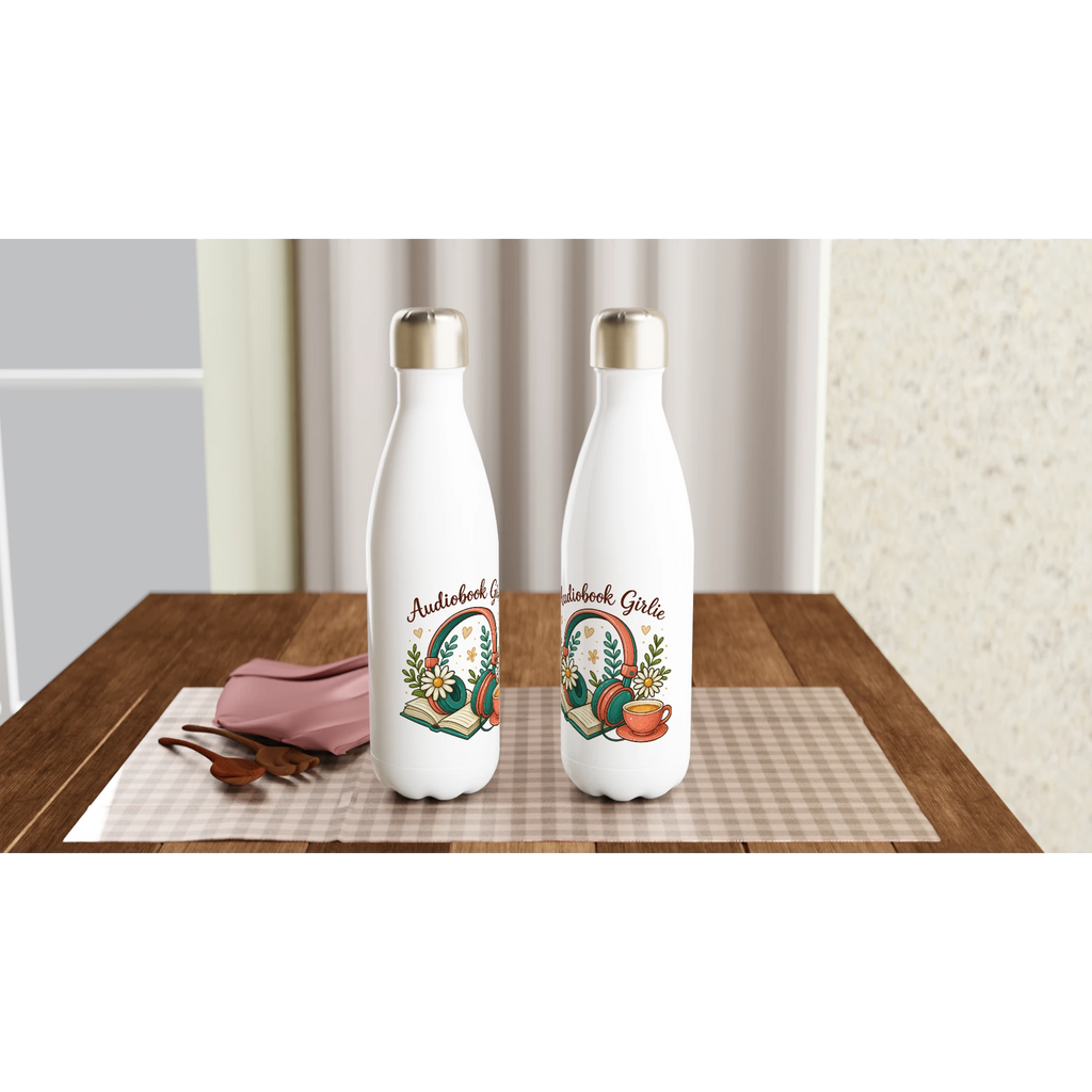 Audiobook Girlie - White 17oz Stainless Steel Water Bottle White Water Bottle Globally Fulfilled Reading