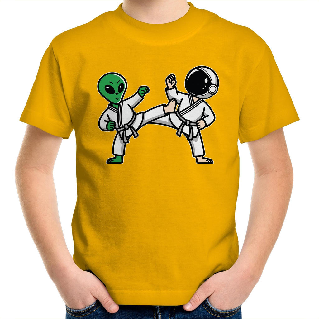Alien And Astronaut Karate - Kids Youth T-Shirt Gold Kids Youth T-shirt Printed In Australia Sci Fi Space
