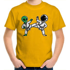 Alien And Astronaut Karate - Kids Youth T-Shirt Gold Kids Youth T-shirt Printed In Australia Sci Fi Space