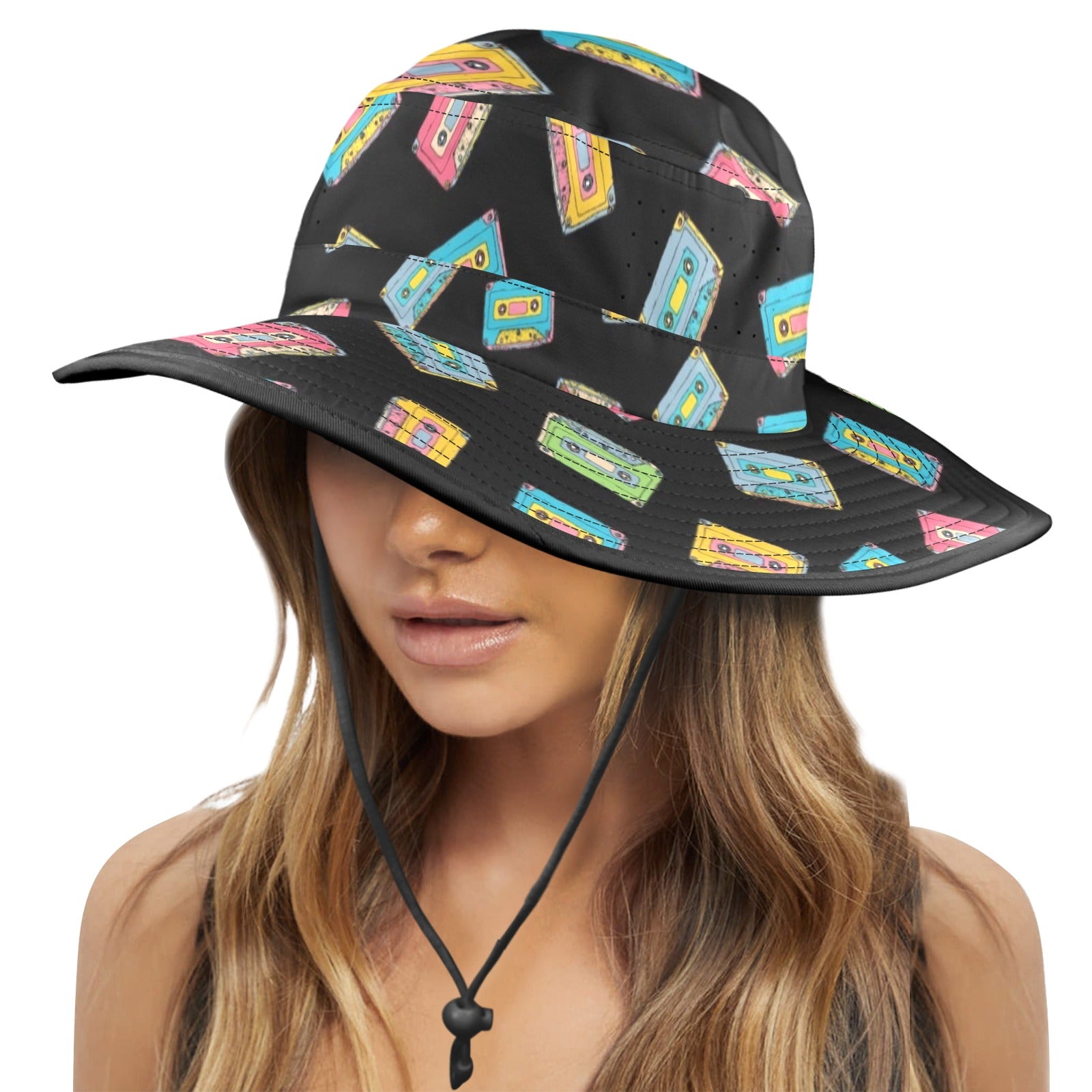 Colourful Cassettes - Wide Brim Bucket Hat Wide Brim Bucket Hat Music Printed Offshore Retro