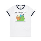 Snailing It - Women's Ringer Tee White Navy Womens Ringer T-shirt animal Fitness Printed In Australia