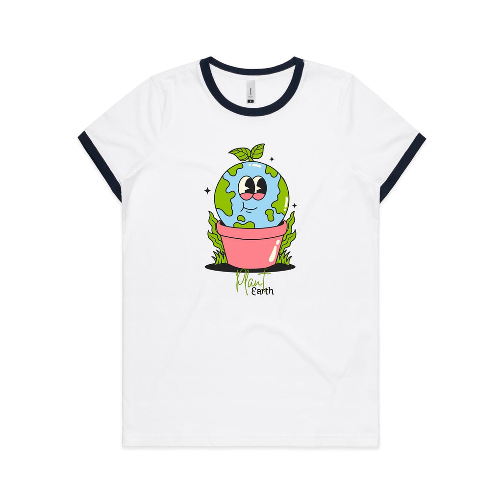 Plant Earth - Women's Ringer Tee White Navy Womens Ringer T-shirt Environment Plants Printed In Australia