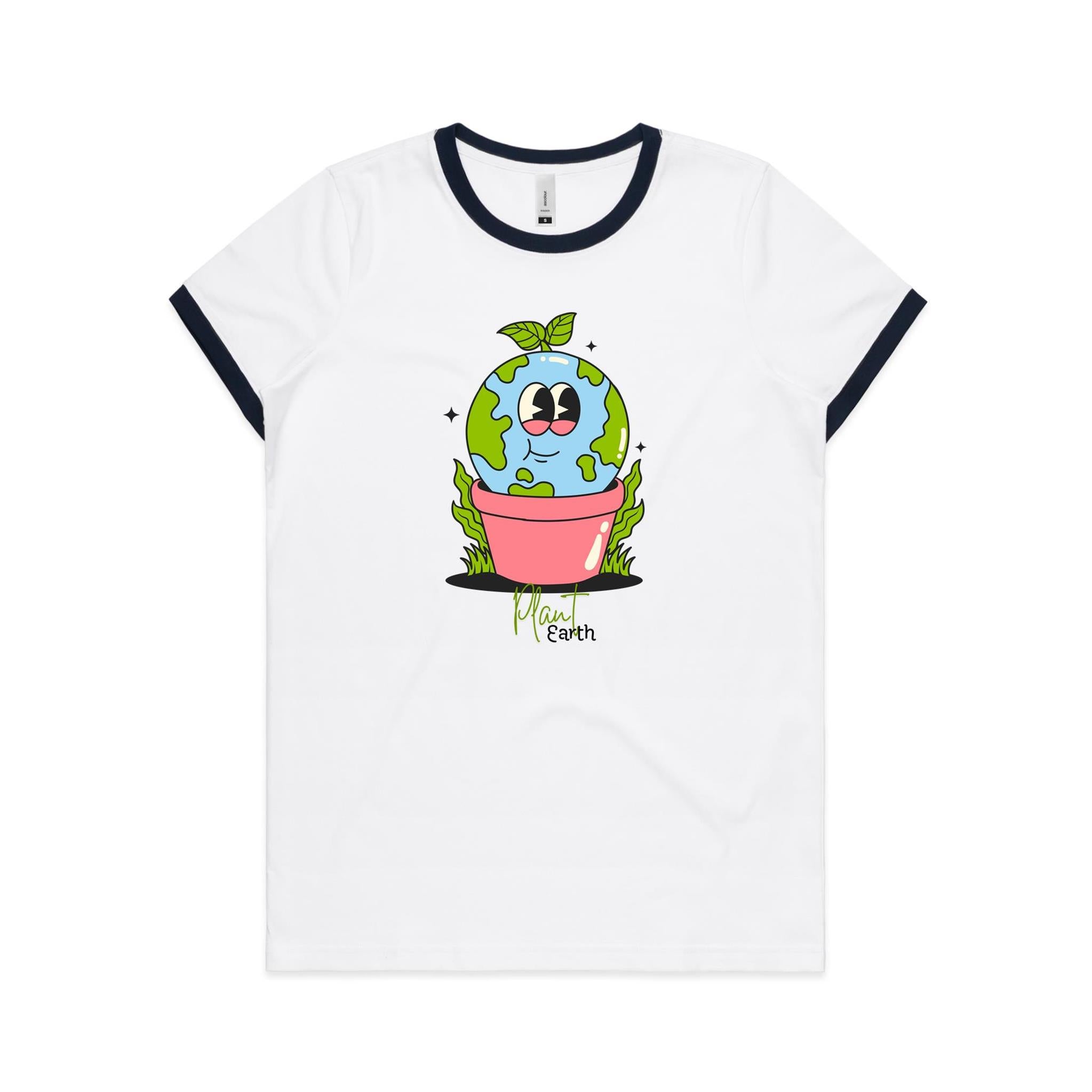 Plant Earth - Women's Ringer Tee White Navy Womens Ringer T-shirt Environment Plants Printed In Australia