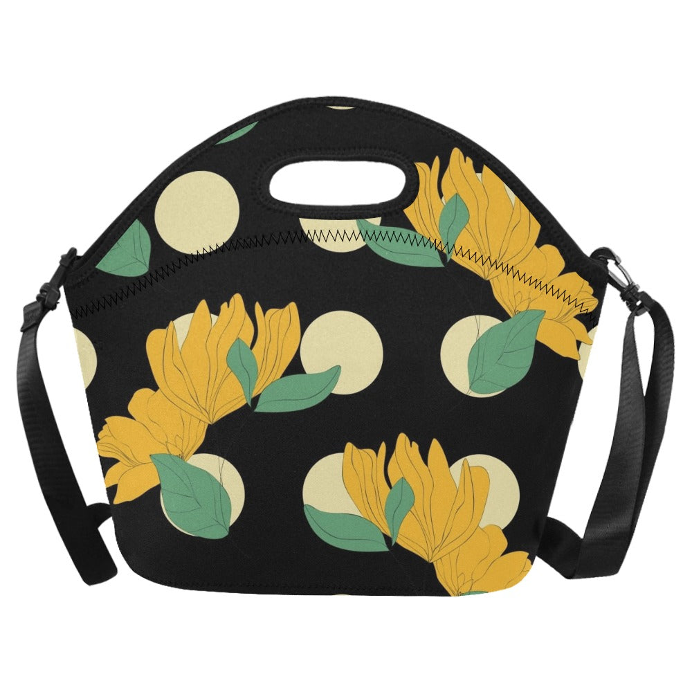 Yellow Flowers And Dots Neoprene Lunch Bag/Large (Model 1669) One Size Neoprene Lunch Bag Plants Printed Offshore