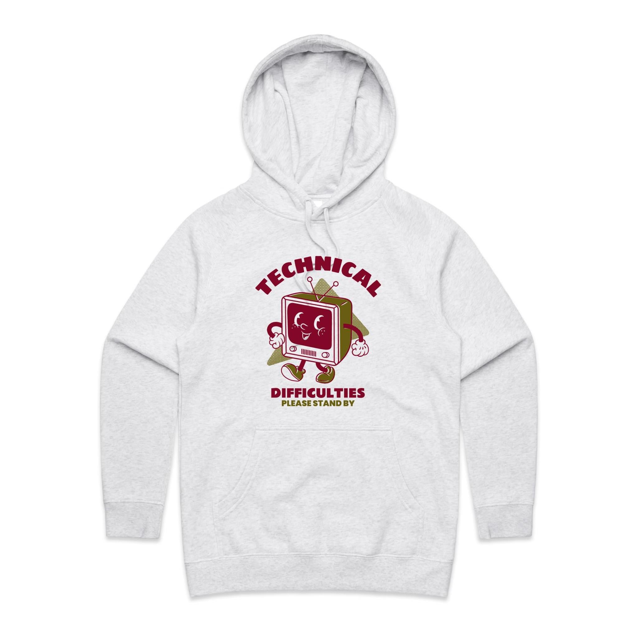 Retro TV, Technical Difficulties - Womens Hoodie White Marle Womens Hoodie Printed In Australia Retro Tech