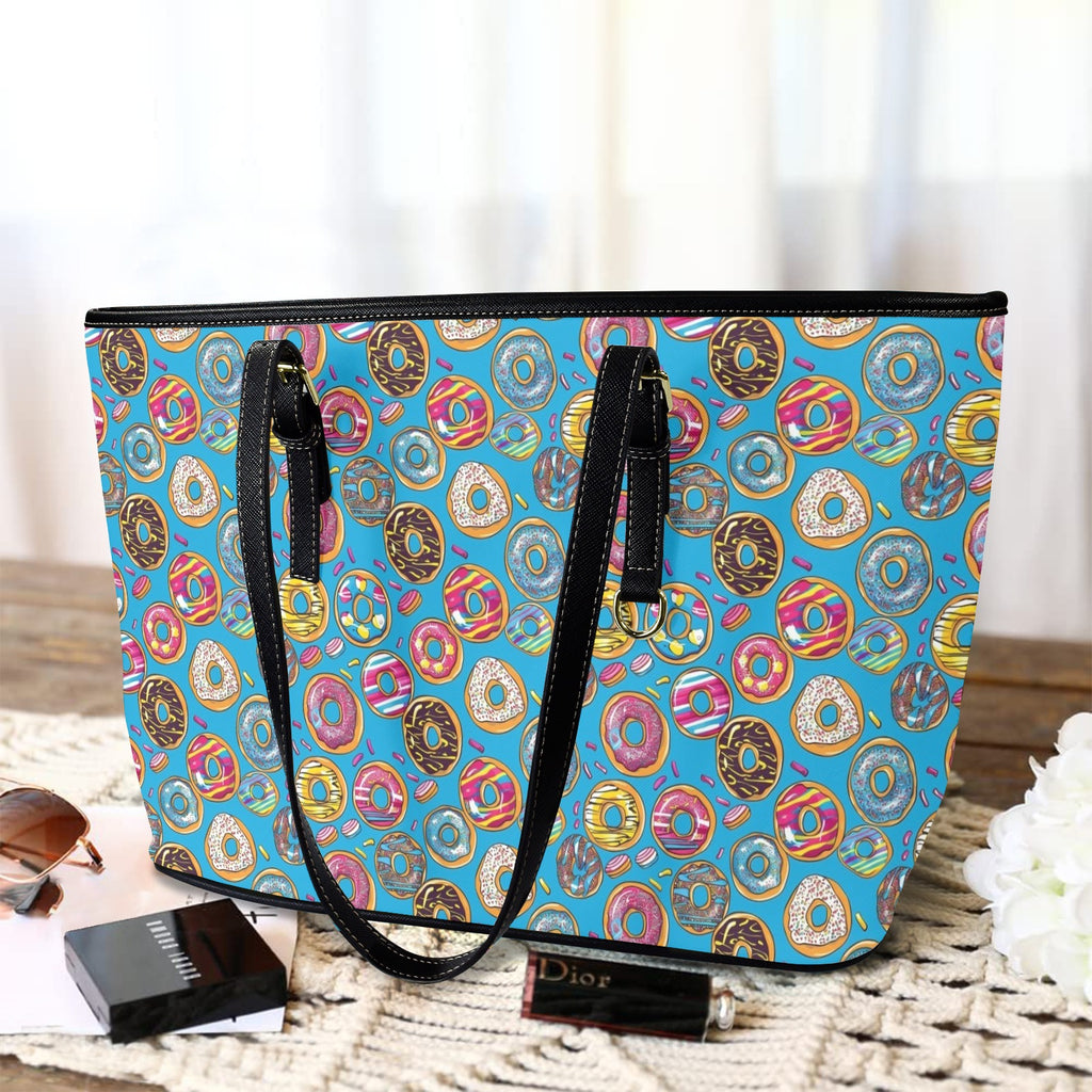 Doughnuts On Blue PU Leather Tote Bag Large Leather Tote Bag-Large Food Printed Offshore