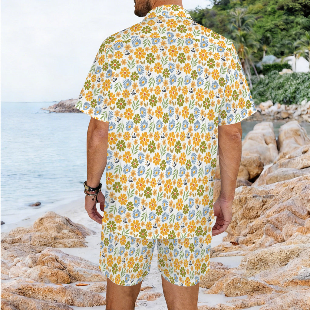 Retro Boho Flower Men's Hawaiian Shirt & Shorts Set Men's Hawaiian Shirt & Shorts Set Plants Printed Offshore