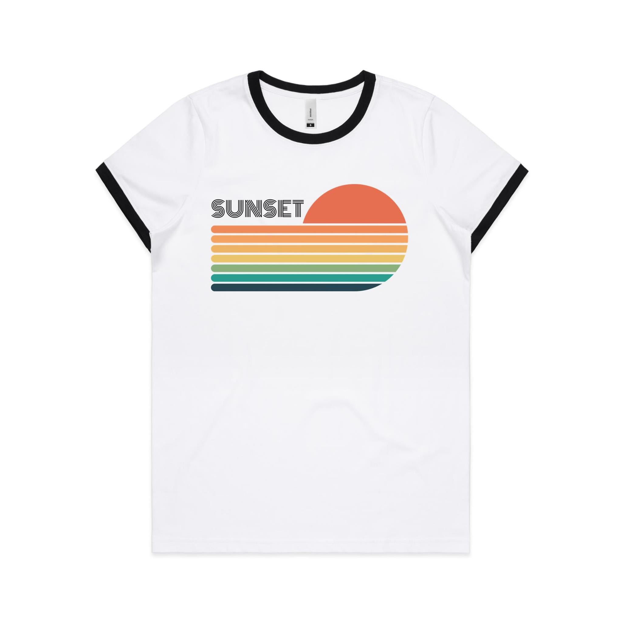 Retro Sunset - Women's Ringer Tee White Black Womens Ringer T-shirt Printed In Australia Retro