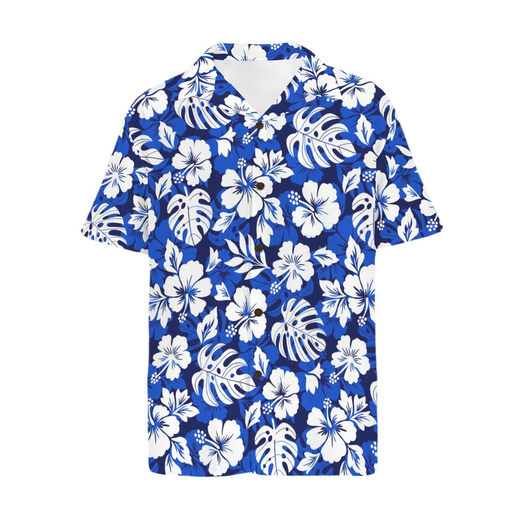 Blue Hawaiian Floral Men's Short Sleeve Hawaiian Shirt Men's Hawaiian Shirt (New) Plants Printed Offshore Surf