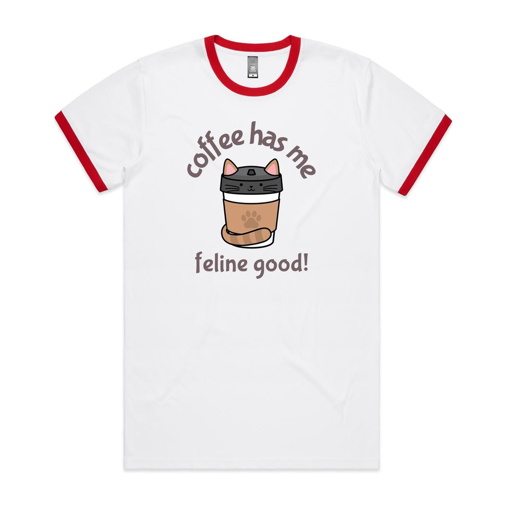 Coffee Has Me Feline Good - Staple Ringer Tee White Red Ringer T-Shirt animal Coffee Printed In Australia