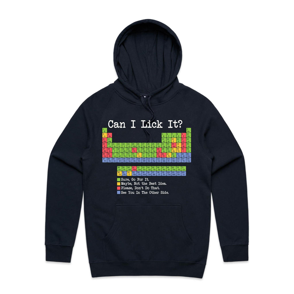 Periodic Table, Can I Lick It Mens Hoodie Navy Printed In Australia Science