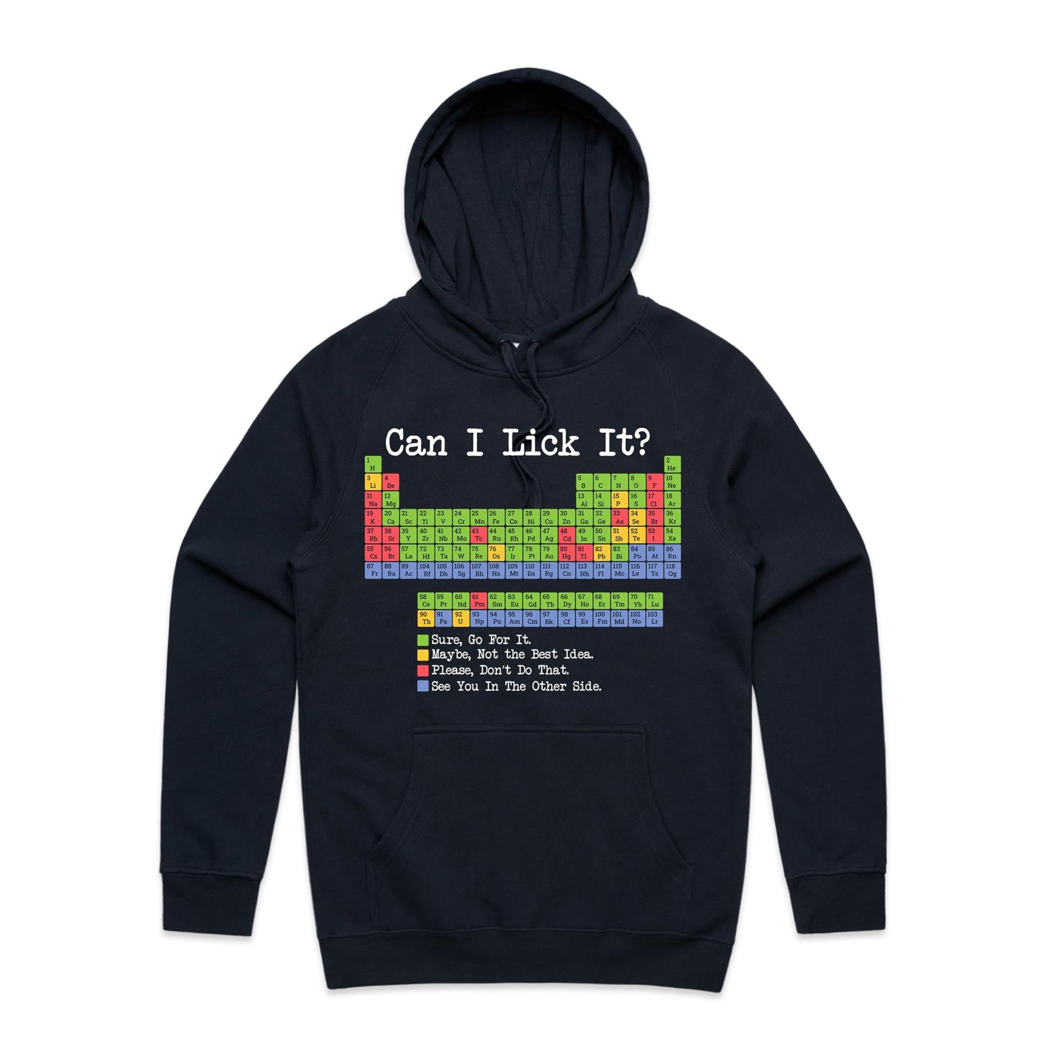 Periodic Table, Can I Lick It Mens Hoodie Navy Printed In Australia Science