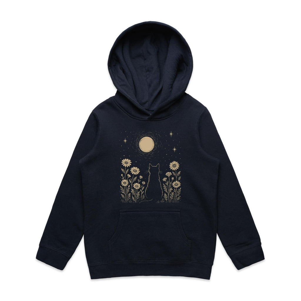 Whimsical Cat And Moon Kid's AS Colour Hoodie Navy Kids Hoodie animal Printed In Australia