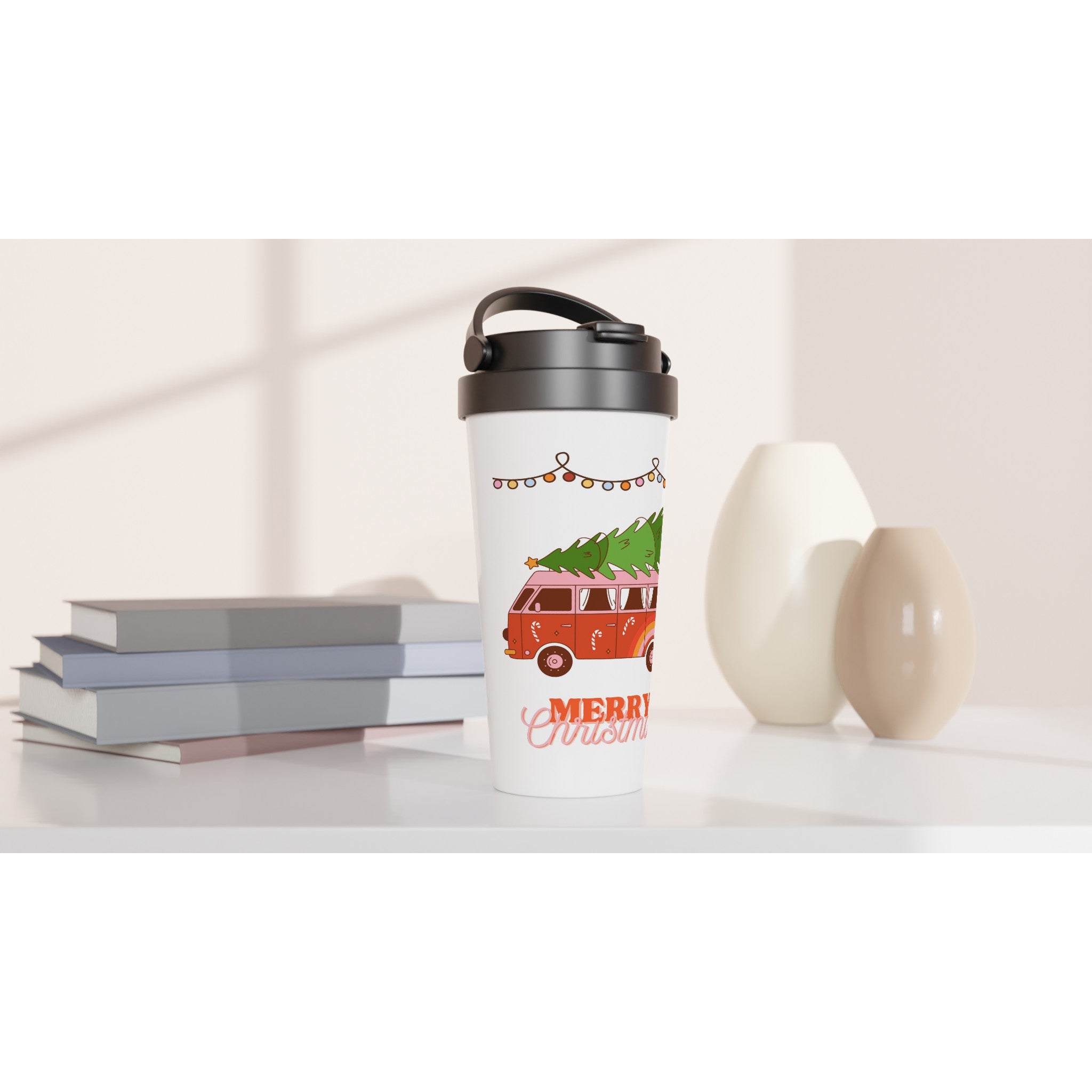 Christmas Tree On Peace Van - White 15oz Stainless Steel Travel Mug Christmas Travel Mug Christmas Globally Fulfilled