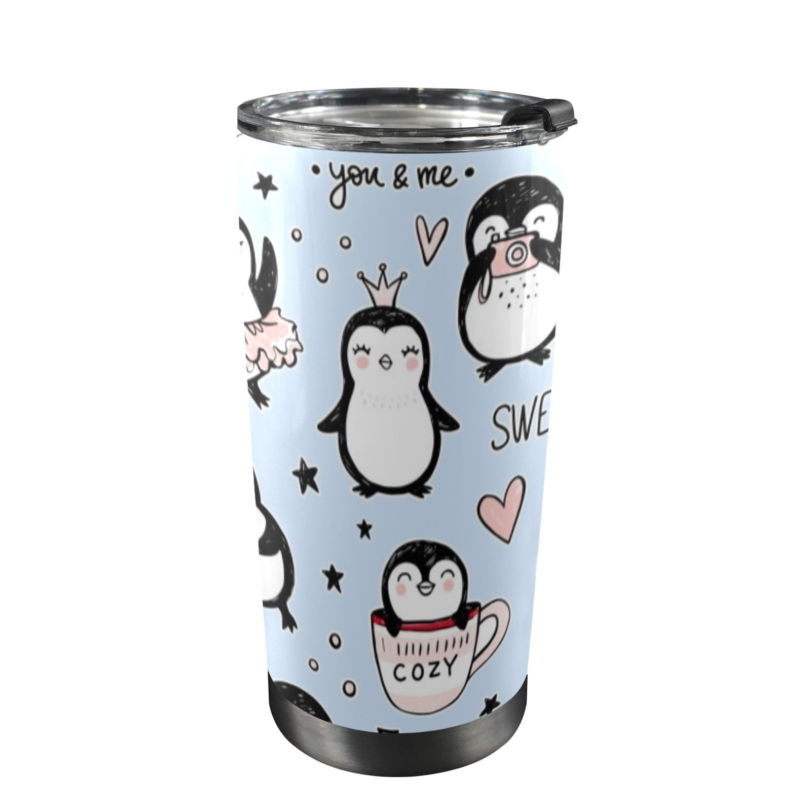 Penguin Love - 20oz Mobile Tumbler with Lid (Black Lock) One Size 20oz Travel Mug animal Love Printed Offshore
