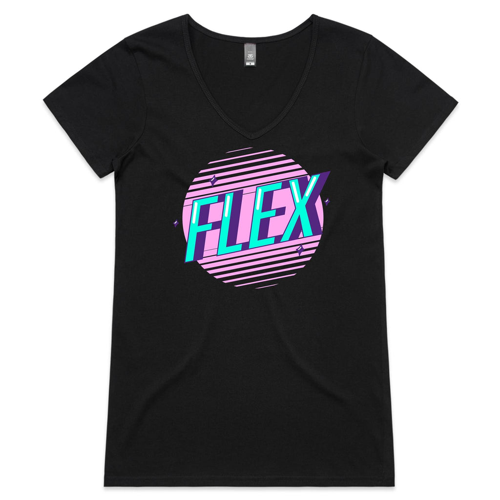 Flex - Womens V-Neck T-Shirt Black Womens Active V-Neck T-shirt Fitness Printed In Australia