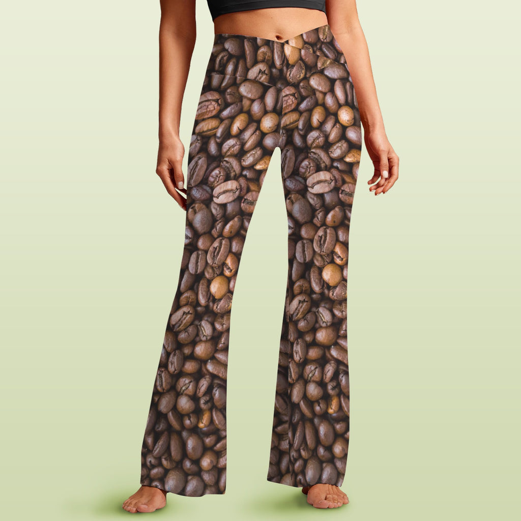 Coffee Beans High Waist Crossover Tummy Control Flare Leggings 5XL High Waist Flare Leggings Coffee Printed Offshore