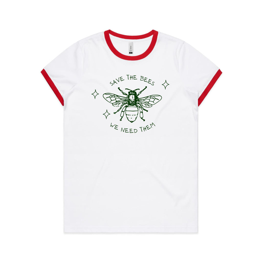 Save The Bees - Women's Ringer Tee White Red Womens Ringer T-shirt animal Environment Printed In Australia
