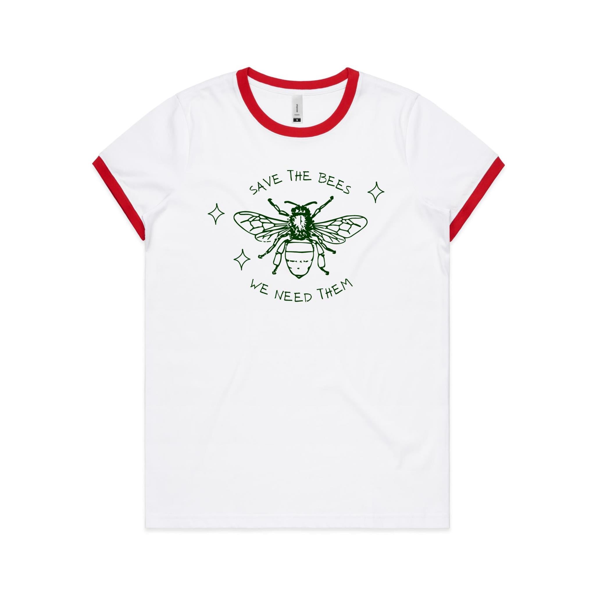Save The Bees - Women's Ringer Tee White Red Womens Ringer T-shirt animal Environment Printed In Australia