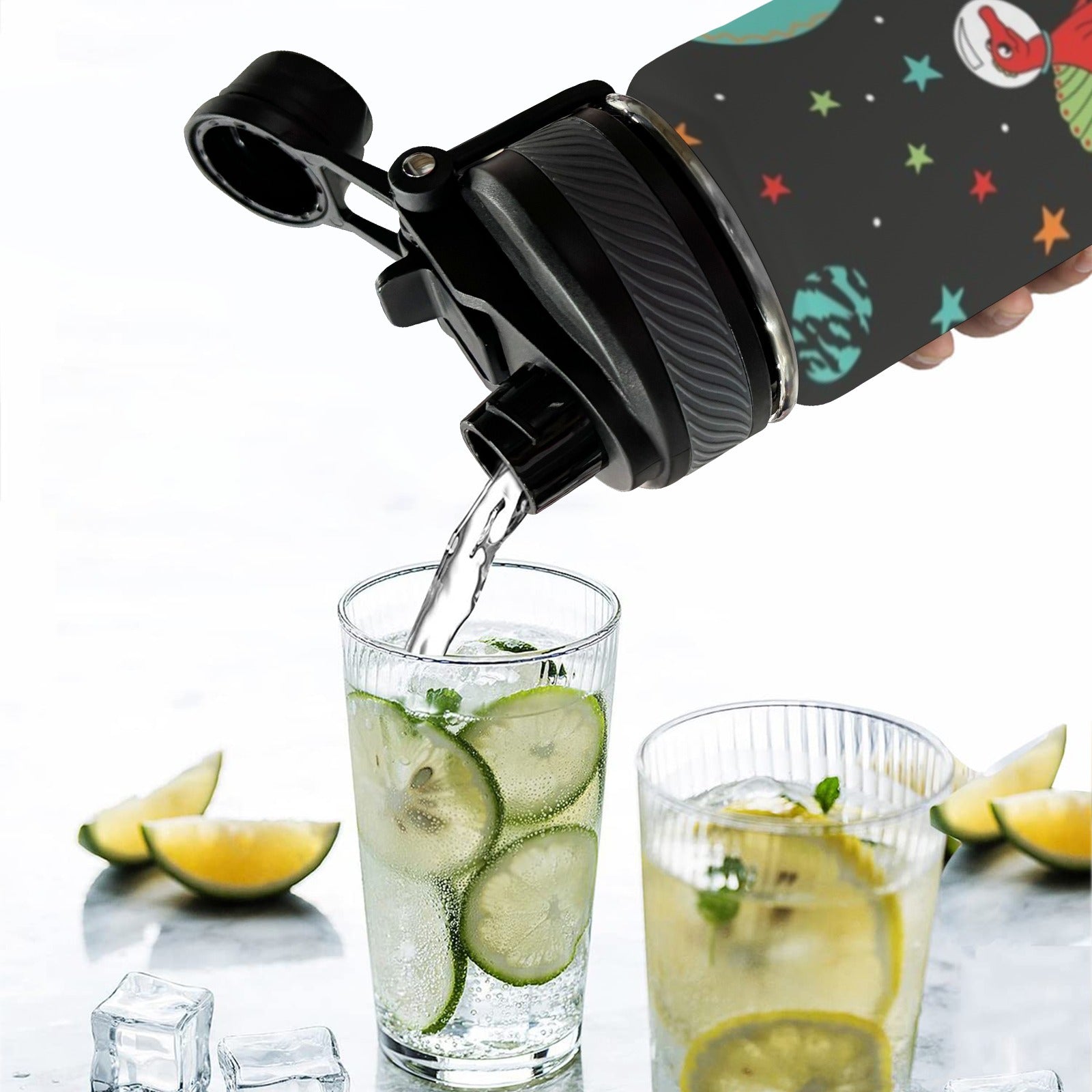 Astronaut Dinosaurs - Insulated Water Bottle with Dual-Use Lid (18oz) Insulated Water Bottle with Dual-Use Lid (18oz) animal Printed Offshore Space