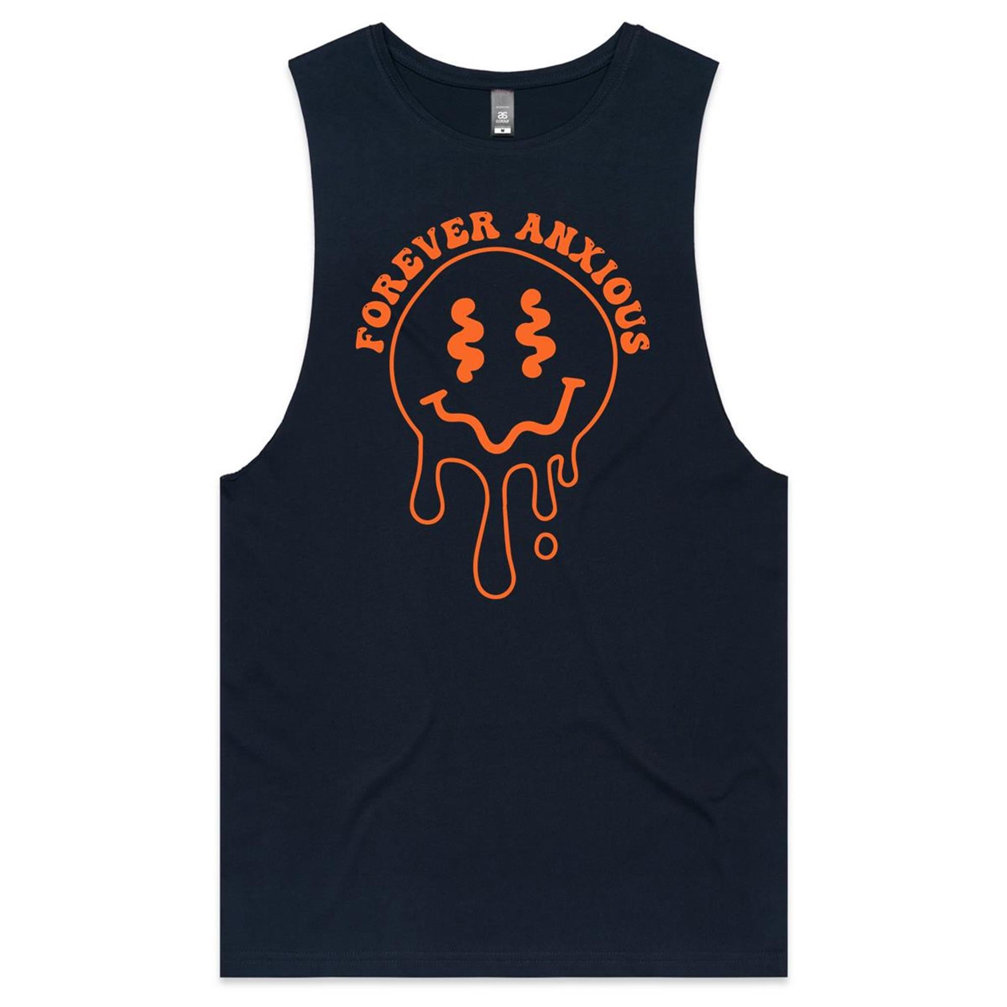 Forever Anxious - Mens Tank Top Tee Navy Drop Arm Tank Top Printed In Australia