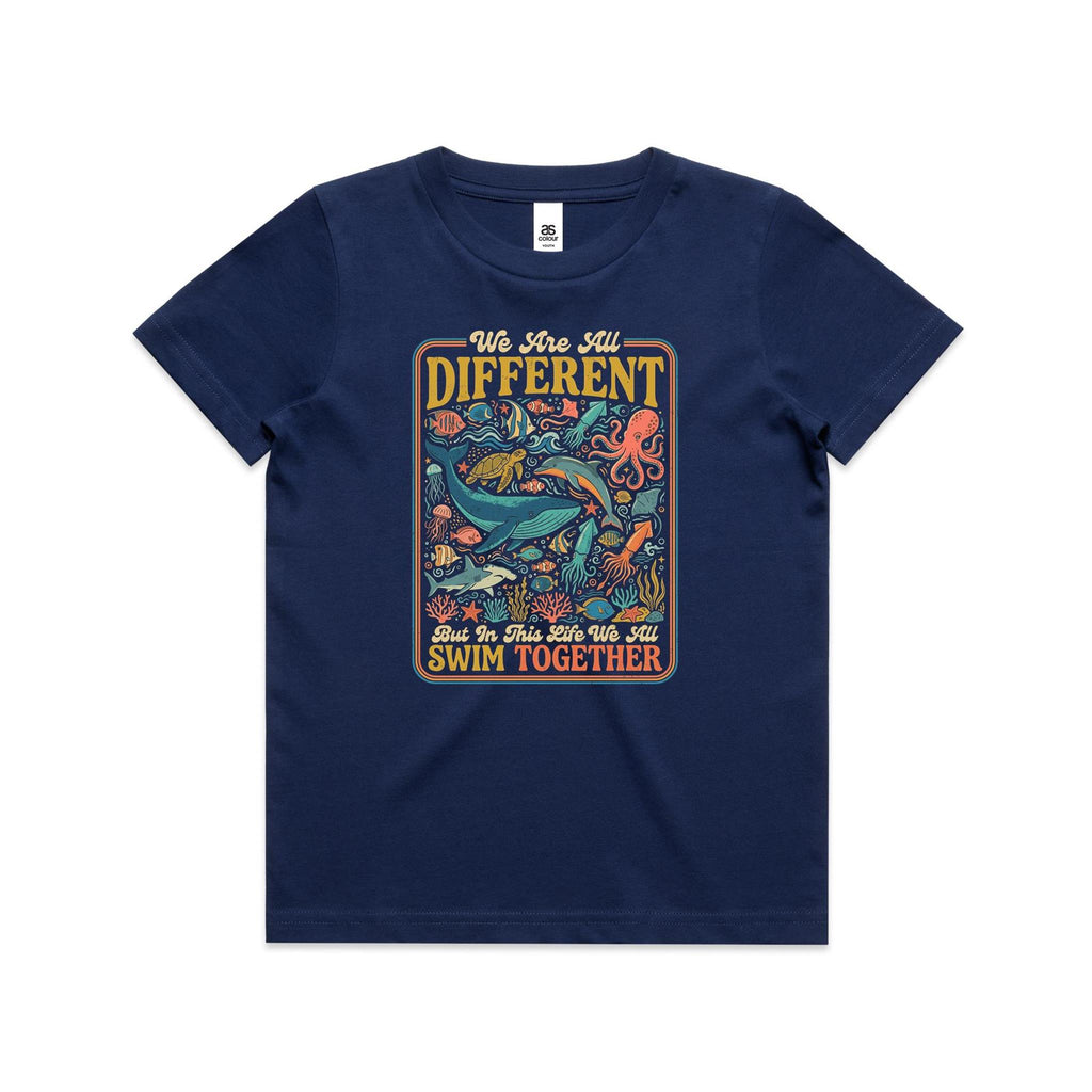 We Are All Different, But We All Swim Together Kids AS Colour T-shirt Cobalt Kids Youth T-shirt animal Ocean Positivity Printed In Australia