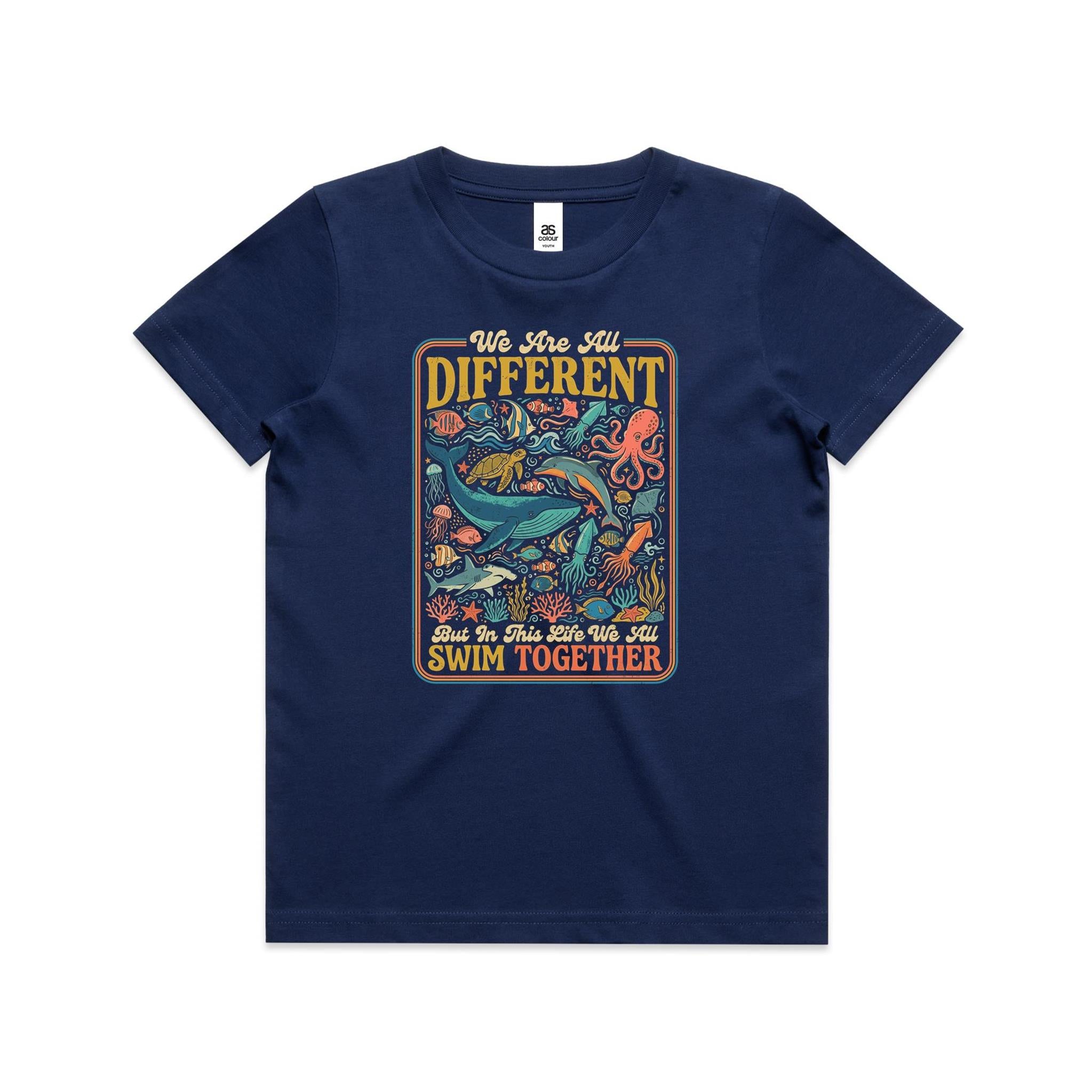 We Are All Different, But We All Swim Together - Kids AS Colour T-shirt Cobalt Kids Youth T-shirt animal Ocean Positivity Printed In Australia