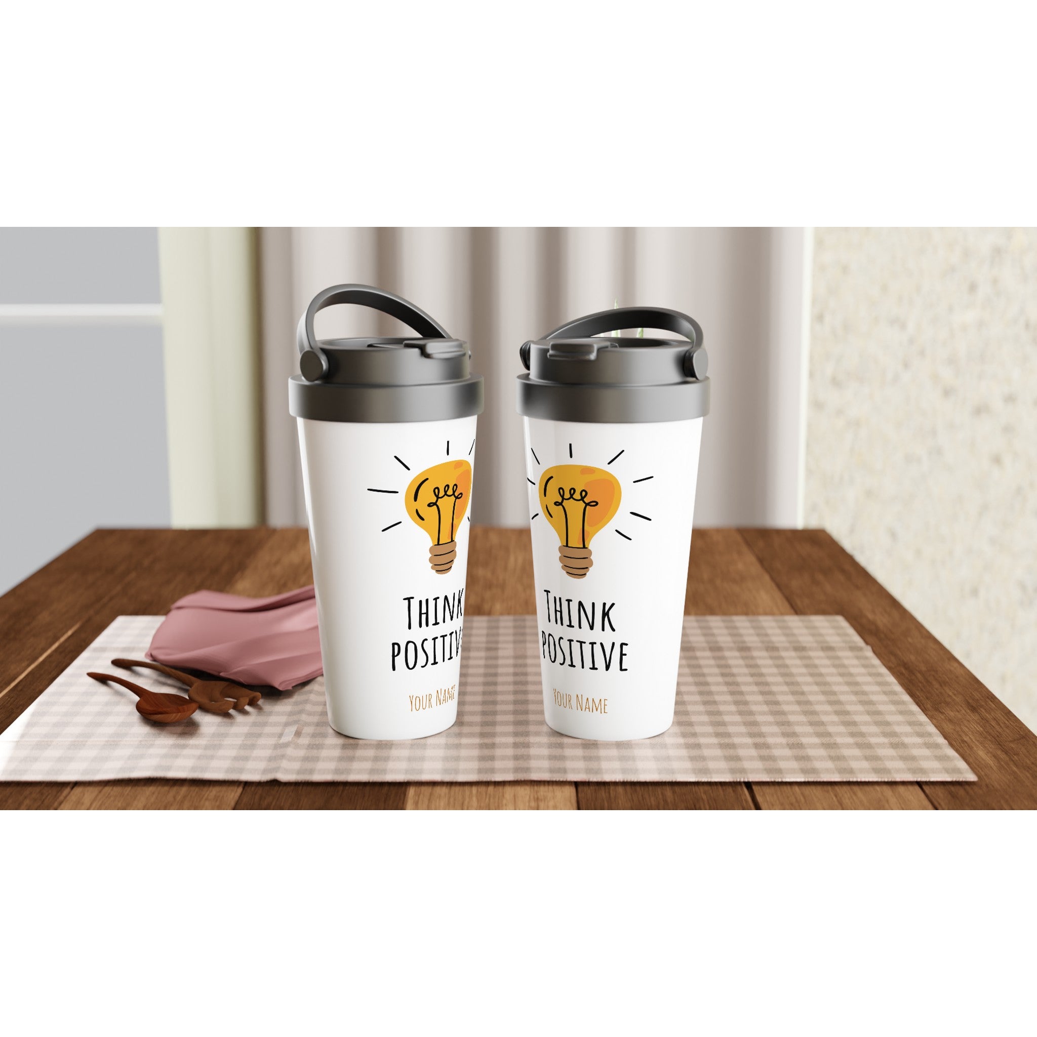 Personalised - Think Positive - White 15oz Stainless Steel Travel Mug Personalised Travel Mug Globally Fulfilled positivity