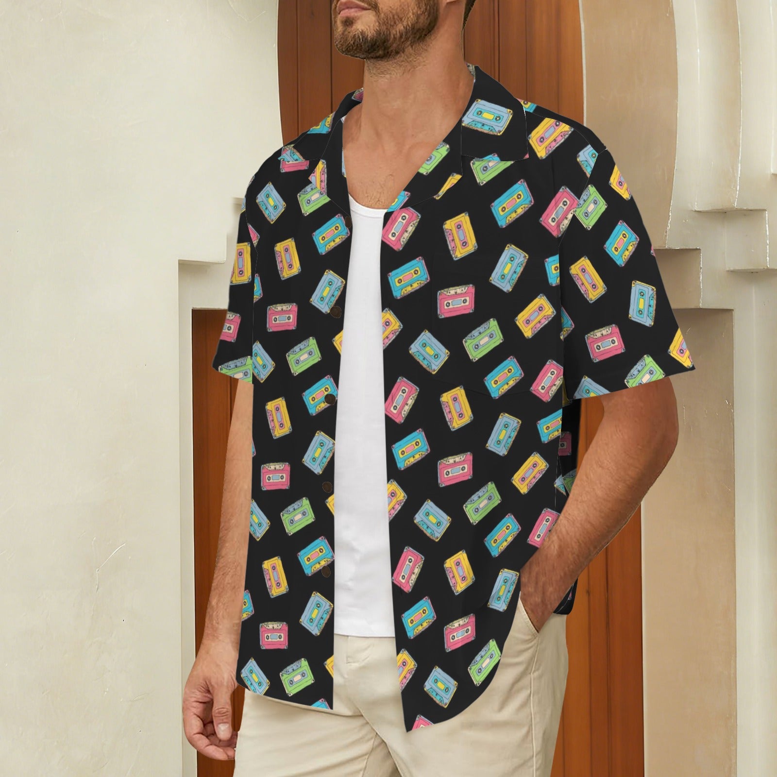 Colourful Cassettes - Men's Short Sleeve Hawaiian Shirt Men's Hawaiian Shirt (New) Music Printed Offshore Retro