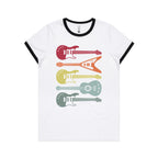 Retro Guitars - Women's Ringer Tee White Black Womens Ringer T-shirt Music Printed In Australia