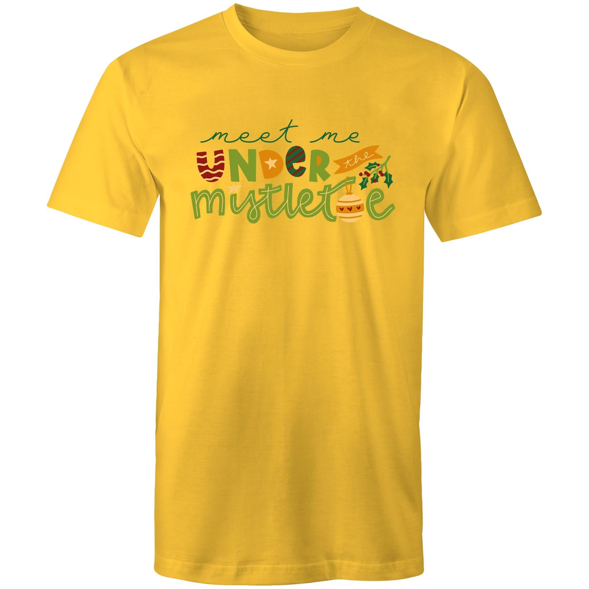 Meet Me Under The Mistletoe, Christmas - Mens T-Shirt Yellow Mens Christmas T-shirt Christmas Printed In Australia