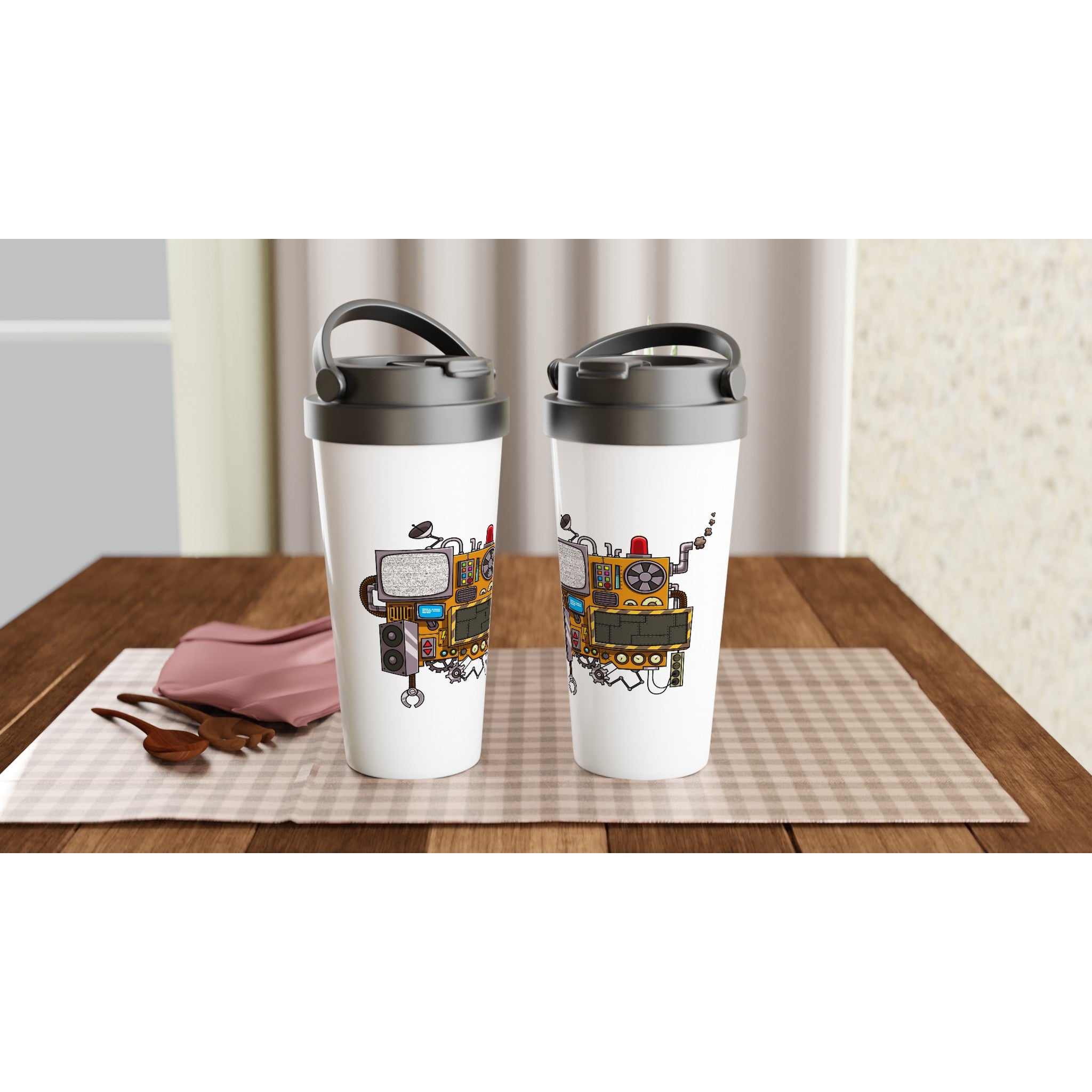 Mechanical Life - White 15oz Stainless Steel Travel Mug Travel Mug Globally Fulfilled Retro Sci Fi tech