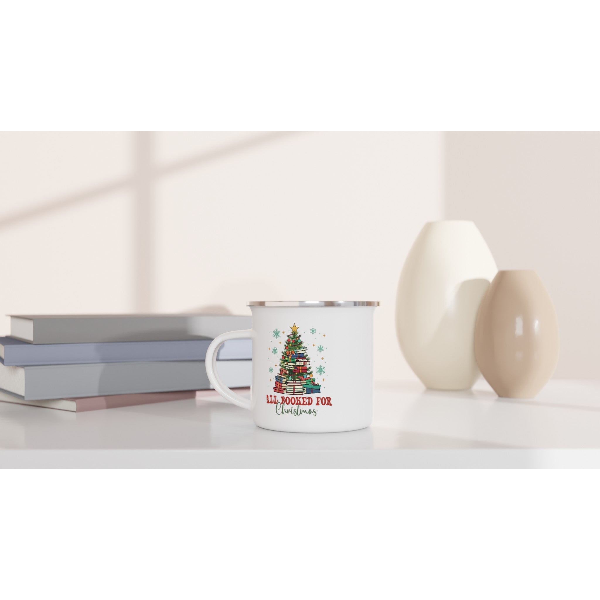 All Booked For Christmas White 12oz Enamel Mug Enamel Mug