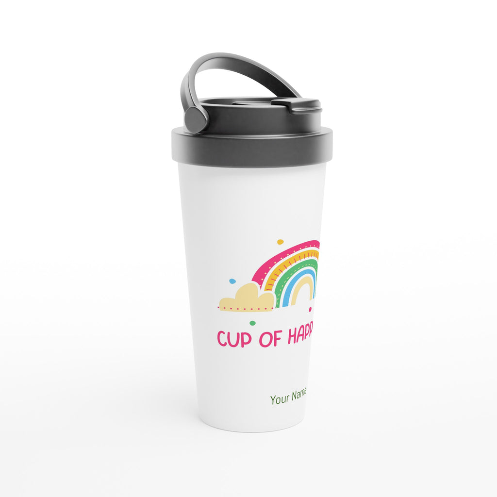 Personalised - Cup Of Happiness, Rainbow - White 15oz Stainless Steel Travel Mug Personalised Travel Mug Coffee Globally Fulfilled Positivity