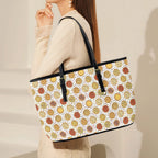 Round Pizzas On White PU Leather Tote Bag Large Leather Tote Bag-Large Food Printed Offshore