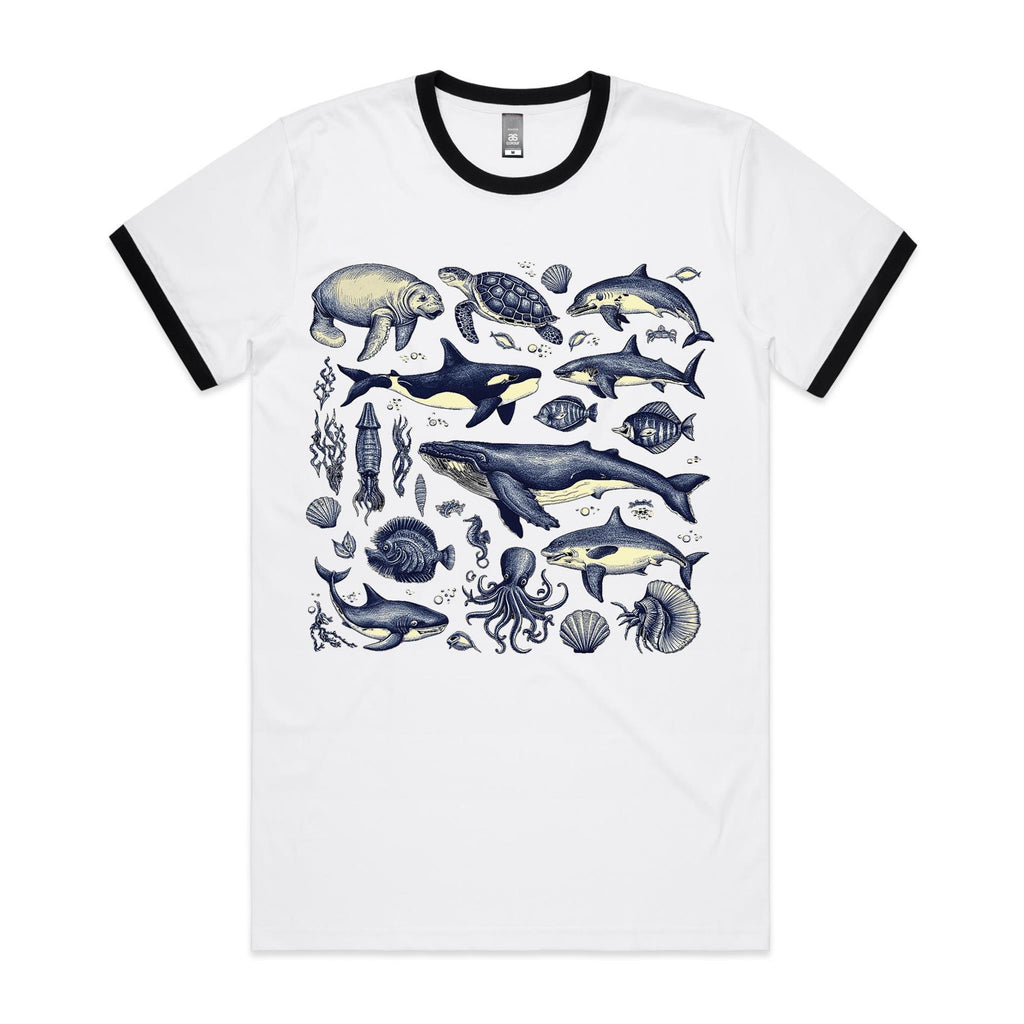 Sea Creatures - Staple Ringer Tee White Black Ringer T-Shirt animal Printed In Australia