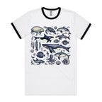 Sea Creatures - Staple Ringer Tee White Black Ringer T-Shirt animal Printed In Australia