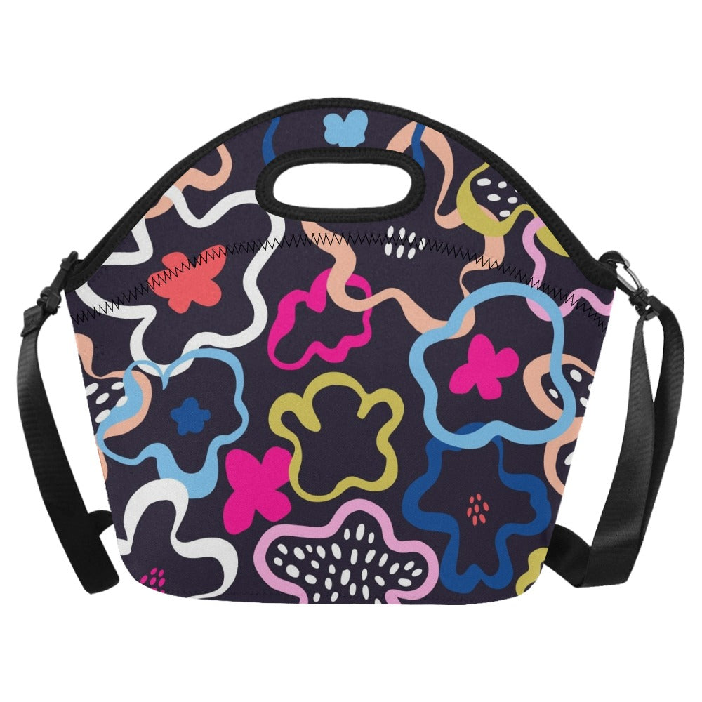 Abstract Floral Neoprene Lunch Bag/Large (Model 1669) One Size Neoprene Lunch Bag Plants Printed Offshore