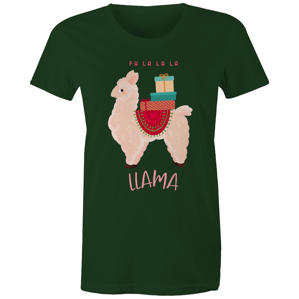 Fa La La La Llama, Christmas - Womens T-shirt Forest Green Womens Christmas T-shirt Christmas Printed In Australia