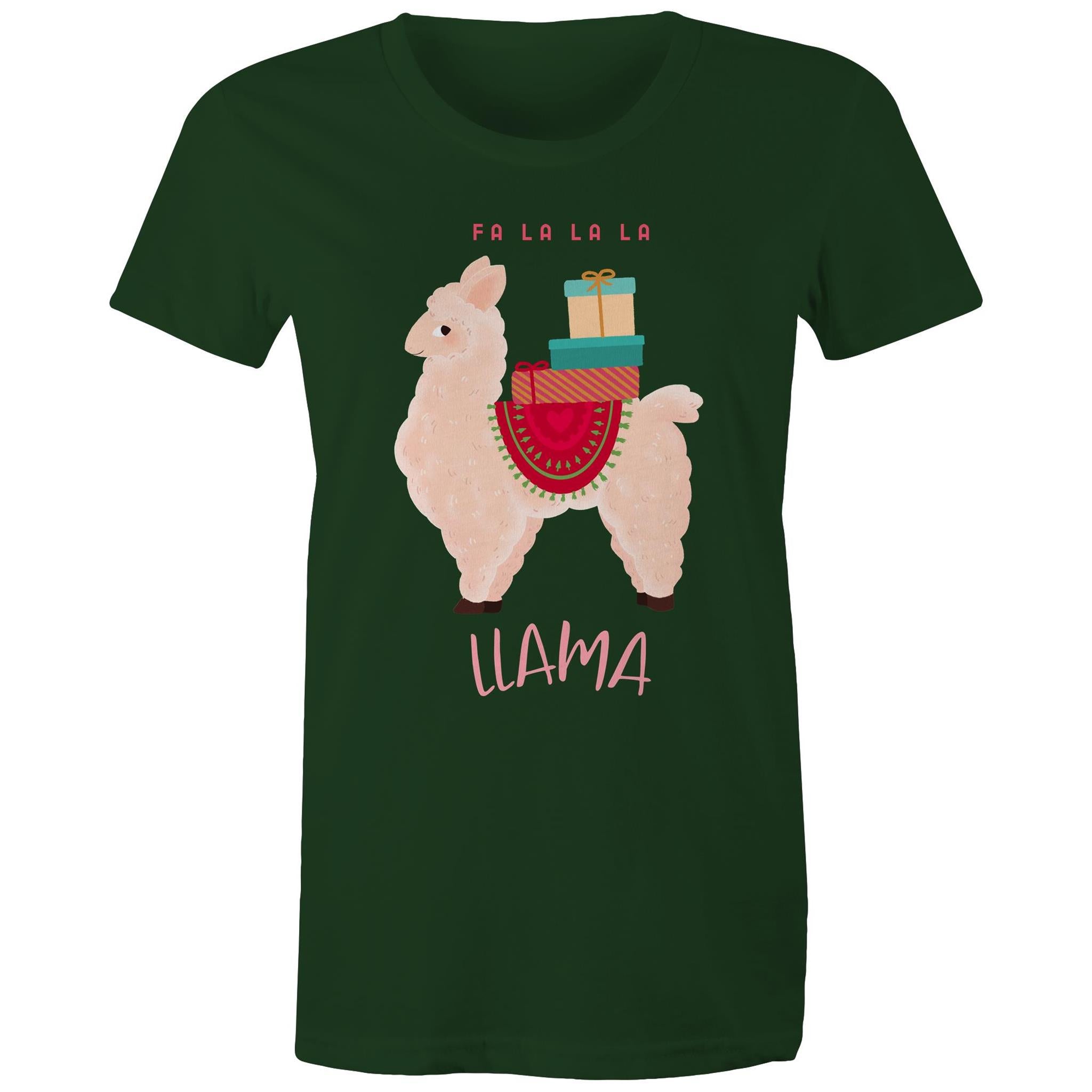 Fa La La La Llama, Christmas - Womens T-shirt Forest Green Womens Christmas T-shirt Christmas Printed In Australia