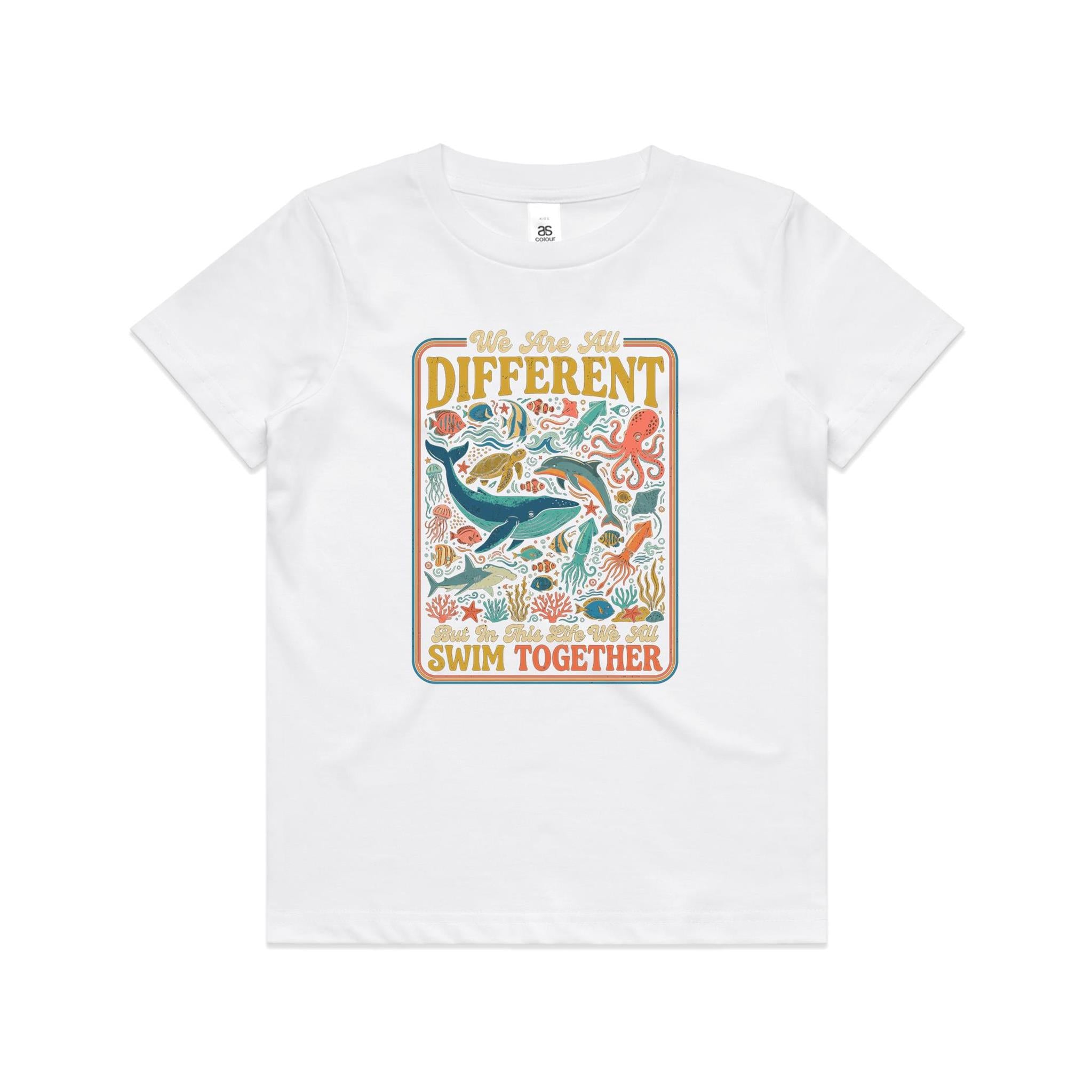 We Are All Different, But We All Swim Together - Kids AS Colour T-shirt White Kids Youth T-shirt animal Ocean Positivity Printed In Australia