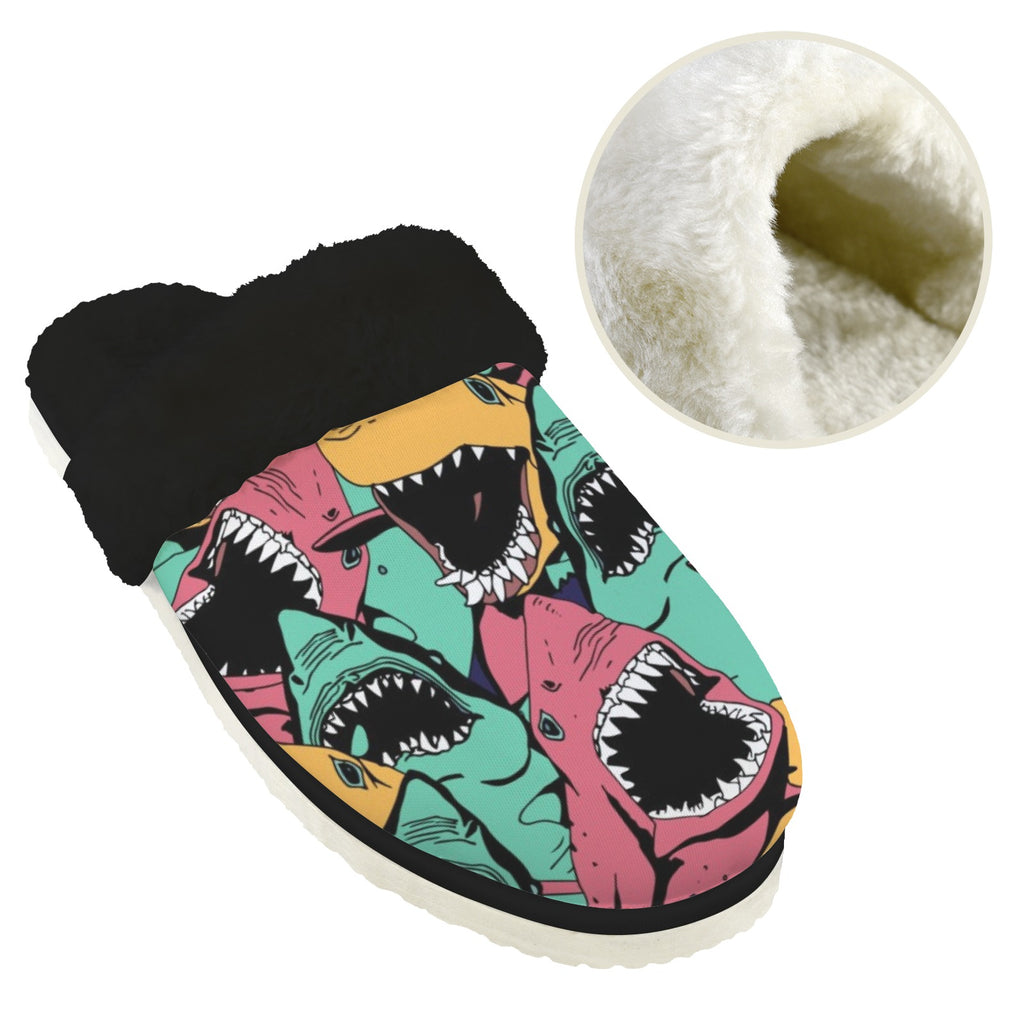 Scary Sharks Men's Fur Trim Thick-Sole Indoor Slippers Men's Fur Trimmed Slippers animal Ocean Printed Offshore
