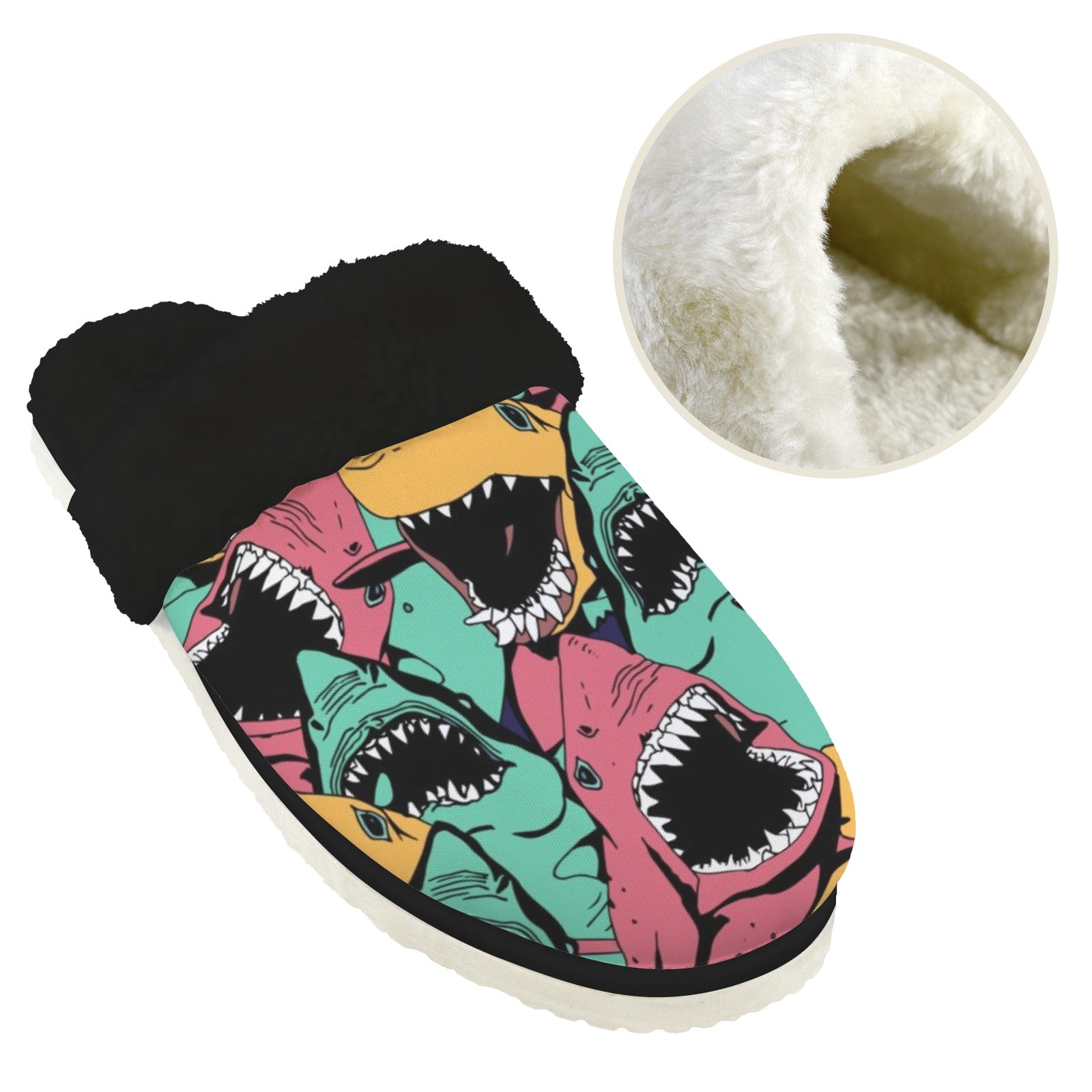Scary Sharks Men's Fur Trim Thick-Sole Indoor Slippers Men's Fur Trimmed Slippers animal Ocean Printed Offshore