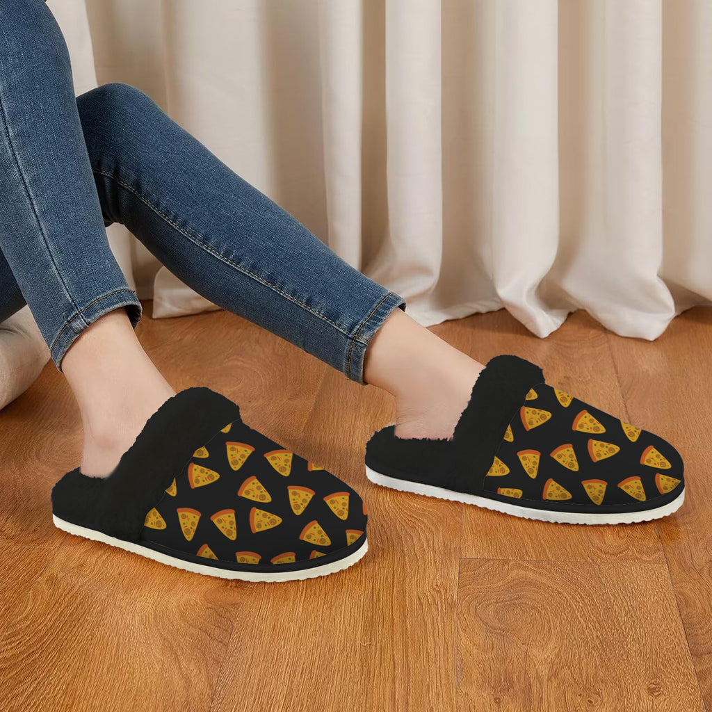 Pizzas Women's Fur Trim Thick-Sole Indoor Slippers Women's Fur Trimmed Slippers Food Printed Offshore