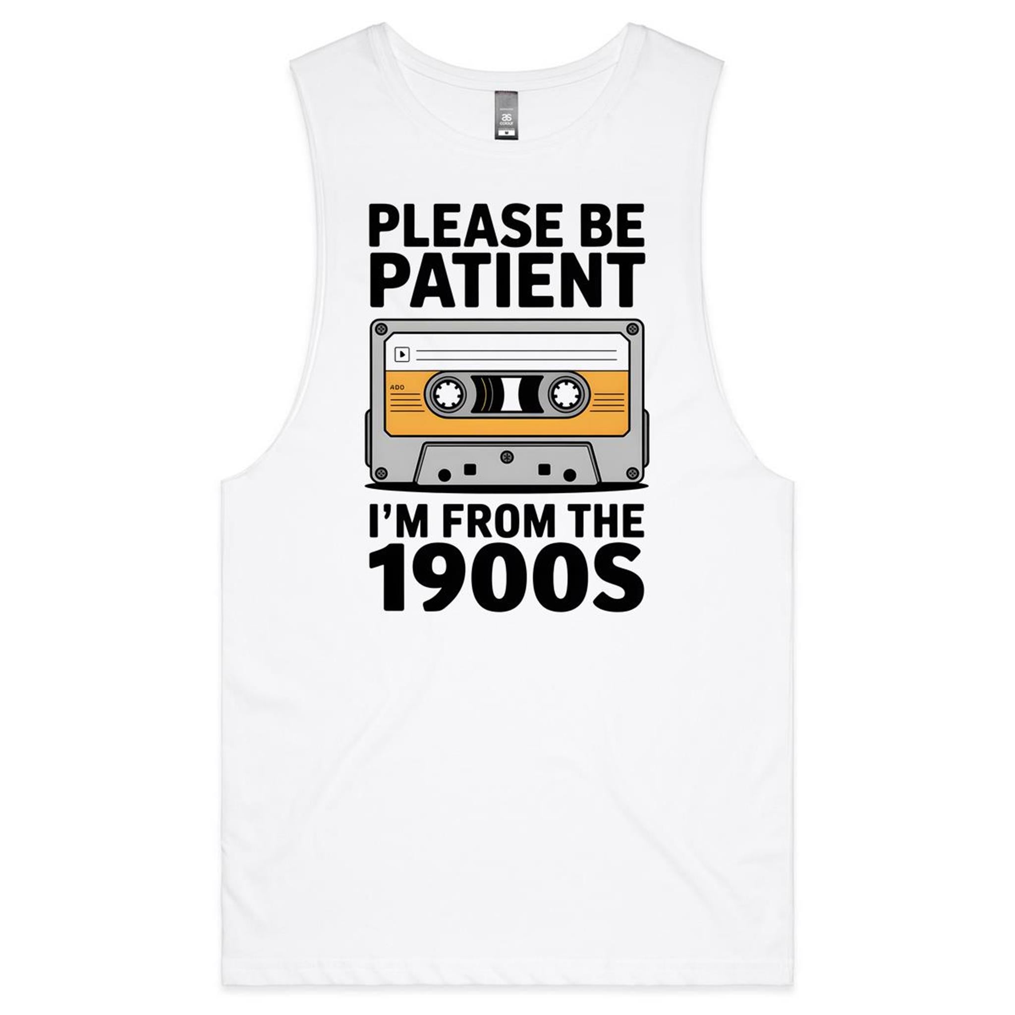 Please Be Patient, I'm From The 1900's Mens Men's AS Colour Drop Arm Tank Top White Drop Arm Tank Top Music Printed In Australia Retro
