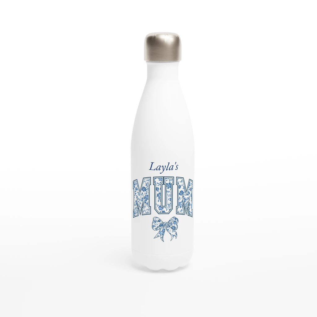 Mum, Blue Floral - White 17oz Stainless Steel Water Bottle Default Title Personalised Water Bottle customise Globally Fulfilled Initial Mum Music Name personalise
